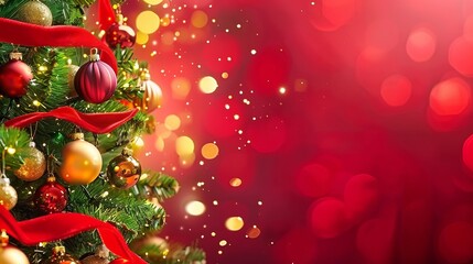 A vibrant Christmas tree decorated with red ribbons and colorful ornaments, radiating warmth and joy of the holiday season, perfect for festive celebrations and family gatherings.
