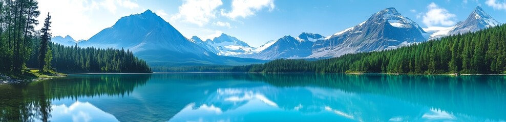 Crystal Lake amid majestic mountain peaks and dense pine forest under clear sky