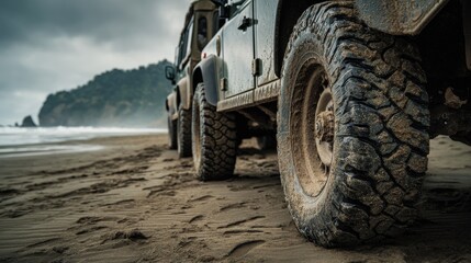 Close up of a muddy offroad vehicle tire on a sandy beach near the ocean