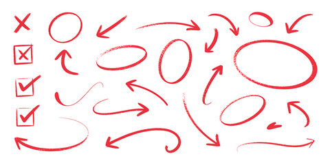 Collection of red handwritten doodles including arrows circles checkmarks and x marks