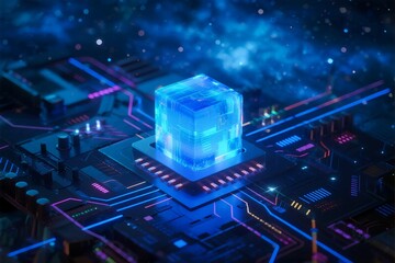 Naklejka premium A high-tech digital cube is displayed on a circuit board with glowing lines, representing modern technology and digital innovation.