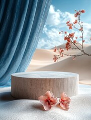Low angle view of empty product podium on sand dunes with blue sky background highly detailed