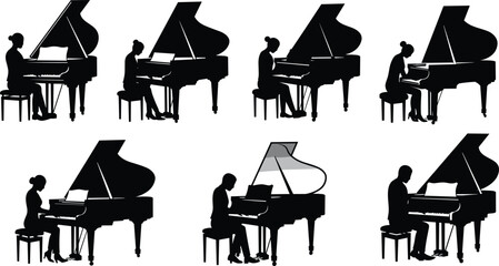 Pianist silhouettes playing grand piano in concert, classical music performance vector illustration, elegant musician art, piano player creative design artwork © Amol Chandra