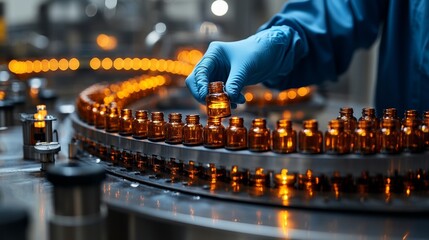 Pharmaceutical Manufacturing Professional Examining Medical Vials on Production Line Conveyor Belt in Clean Room Environment