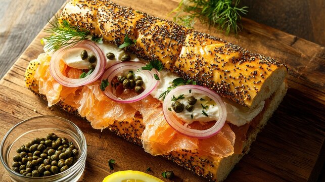 Everything bagel sandwich with smoked salmon, cream cheese, red onion rings and capers on rustic wooden board with fresh dill