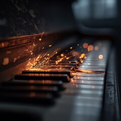 A close up of a piano keyboard with bright orange sparks flying above the keys in a dark setting