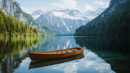 Obraz premium Wooden boat on a tranquil lake surrounded by majestic mountain landscape