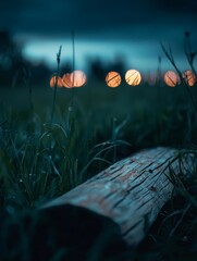Wood log on grassy field at night with expansive background