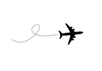"Airplane Black Silhouette with Dotted Line Flight Path Isolated on Transparent Background PNG – Minimalist Travel Design"