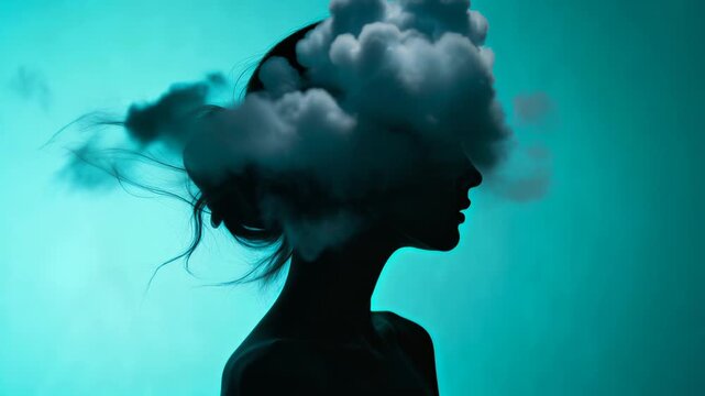 Female figure with ethereal cloud head symbolizing mental transformation against soft turquoise backdrop. Concept of psychological boundaries and inner emotional states.