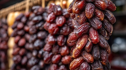 Obraz premium Dried dates hanging in a market in the Middle East showcasing local produce and culture