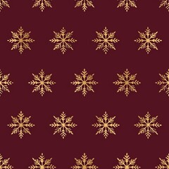 A simplified yet classic pattern of gold snowflakes set against a rich burgundy background, evoking nostalgia and elegance for winter-themed design projects or seasonal crafts.