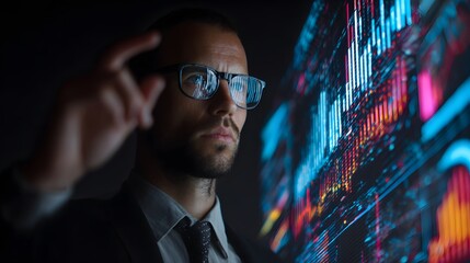 Businessman analyzing financial data on a futuristic digital display