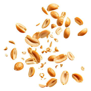 Falling roasted peanuts isolated on a transparent white background, clipping path