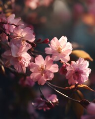 A close up shot of delicate pink cherry blossoms on a branch against a blurred dark background outdoors
