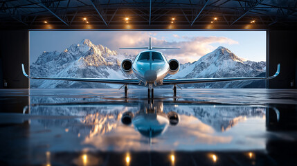 Private jet sits in hangar with open doors revealing mountain vista, luxury aircraft awaits passengers for travel journey, exclusive transport ready for flight, under soft hangar l