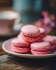 A stack of pink macarons on a plate with a cup and flowers in the blurred background view close up