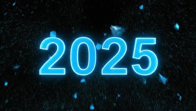 A bright blue holographic '2025' glitches and fractures, then reassembles into a solid '2026'. Clean, futuristic, on a black background