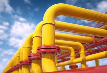 Industrial Pipeline Network: A network of bright yellow industrial pipelines and red pipelines stretches against a vibrant blue sky, highlighting the intricate infrastructure of energy distribution.