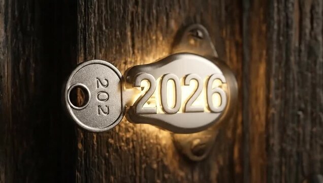 A key labeled '2025' is inserted into a lock. It turns, and the lock mechanism morphs into the number '2026', unlocking a bright light from behind the door