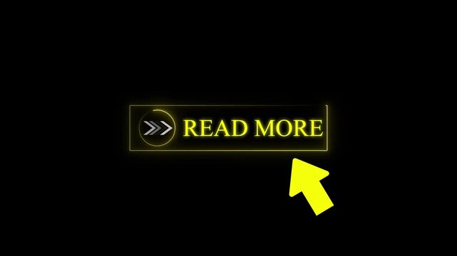 Glowing neon yellow color white read mode cursor animation pointing towards read more button in looping with transparent background