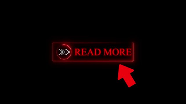 Glowing neon red color white read mode cursor animation pointing towards read more button in looping with transparent background