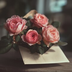 A bouquet of pink roses arranged inside a cream colored envelope on a dark wooden surface indoors