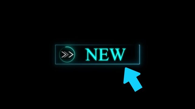 Glowing neon aqua color white new cursor animation pointing towards new button in looping with transparent background.