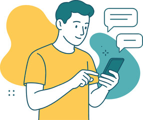 Man Interacting with Smartphone and Chat Bubbles