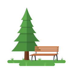 Serene green pine tree and wooden park bench in natural outdoor setting perfect for relaxation and nature escapes isolated imagery isolated on transparent background