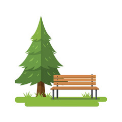 Serene park scene with evergreen tree and wooden bench illustration for relaxation and nature themed designs isolated on transparent background