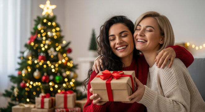 Two women exchange presents near a decorated Christmas tree