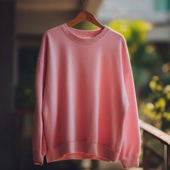A light pink long sleeve sweatshirt hanging on a wooden hanger with a blurred background outside view is seen