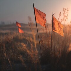 Orange flags waving in a field of tall grass at sunset creating a serene and peaceful atmosphere