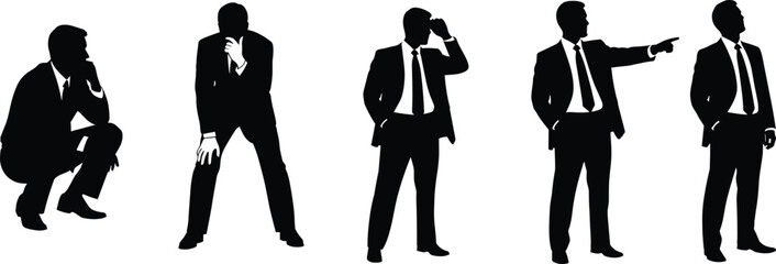 Businessman silhouette poses, professional body language, leadership gestures, decision making, confidence, direction, contemplation, searching, pointing, reflection, corporate success illustration