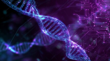 Glowing dna helix in digital cosmos. AI image