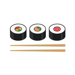 Three delicious sushi rolls with fresh ingredients and two wooden chopsticks ready for enjoyment japanese cuisine food dish isolated on transparent background