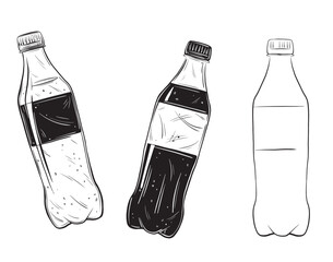 Sketch of bottle of soda or mineral water. Hand drawn set ink vector illustration of lemonade. Linear graphic elements drink for design isolated on white background.