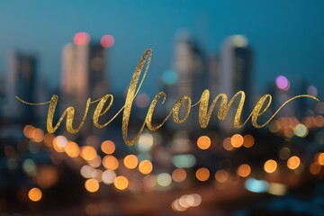 Golden Welcome to the Metropolis: The cityscape shimmers with a soft bokeh, setting the stage for the welcoming word Welcome, offering a sense of openness and invitation.
