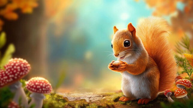 Smiling cartoon squirrel holds nut, ready to eat snack, cute forest animal sits on earth near colorful fall foliage, red spotted mushrooms, tree trunk, happy rodent collects harves