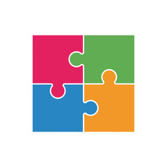 Four colorful puzzle pieces seamlessly connected forming a unified square representing teamwork strategy and problem solving concepts isolated on transparent background