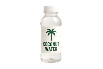 A clear plastic bottle of natural coconut water with a simple, generic label featuring a palm tree icon, isolated on a white background for product mockups