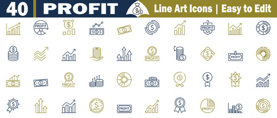 Profit Circle Line Art icons set. Business, Finance, Growth, Economy, Earnings, Income, Wealth, Success, Financials, Market, Accounting, Management, Strategy, Trading, Savings, Return, Investment.