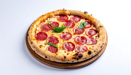 Close-up of a freshly baked pizza with pepperoni, basil on a wooden board