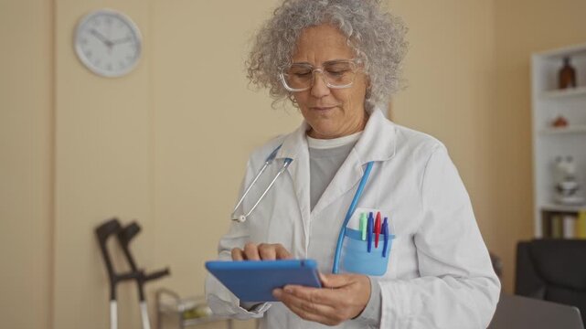 Woman doctor with grey hair using tablet in hospital room with stethoscope and clock visible, showcasing a clinical environment with medical tools and a focused expression.