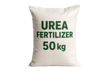 Agricultural nitrogen fertilizer packaging, white poly sack marked UREA 50 kg, farm supply concept, studio‑isolated 3D model