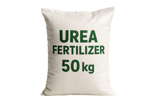 Agricultural nitrogen fertilizer packaging, white poly sack marked UREA 50 kg, farm supply concept, studio‑isolated 3D model
