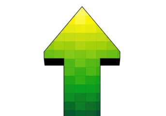 Green pixelated arrow pointing up isolated on transparent background