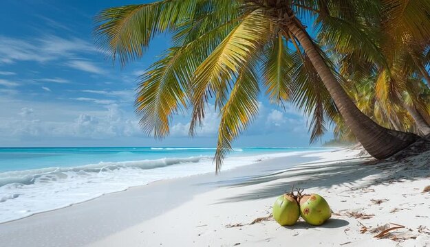 Playa, palmeras, vacaciones, cocos, cocotero, imagen alargada, arena blanca, arena fina, sobra palmera