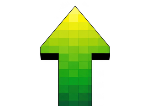 Green pixelated arrow pointing up isolated on transparent background